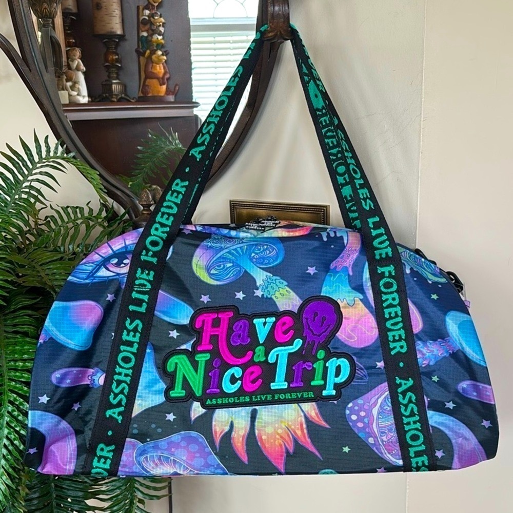 Brand New Assholes Live Forever Mushroom Psychedelic Travel Duffle Weekender Bag